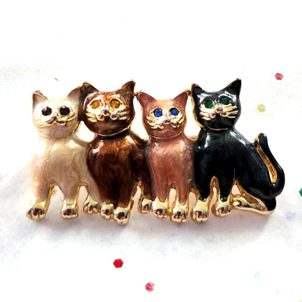 Vtg Belissima Choice Rhinestine Four Kittens Enamel Rhinestone Pin Brooch